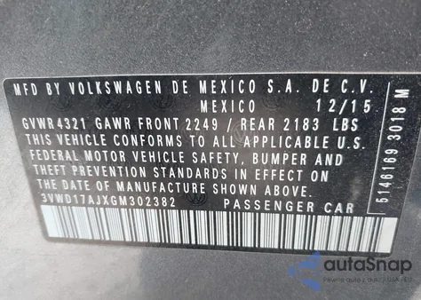 2016 Volkswagen Jetta Sport из США, поврежденный, VIN 3VWD17AJXGM302382